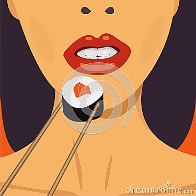 Beautiful girl eating sushi roll. Vector graphic. Vector Illustration